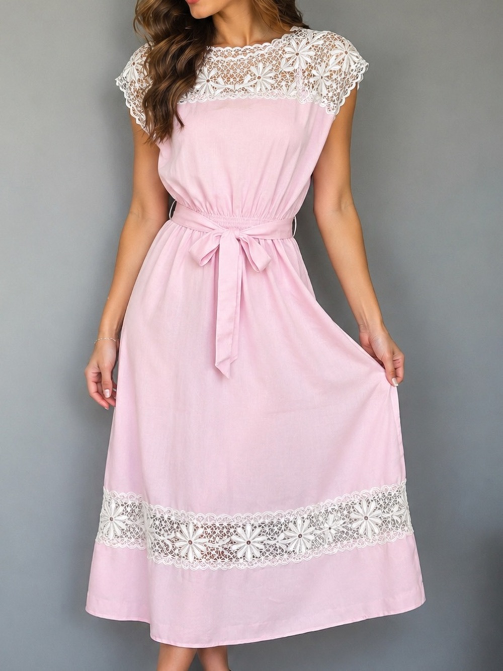 Vintage Lucci Pink Cottagecore Dress White Floral Lace M